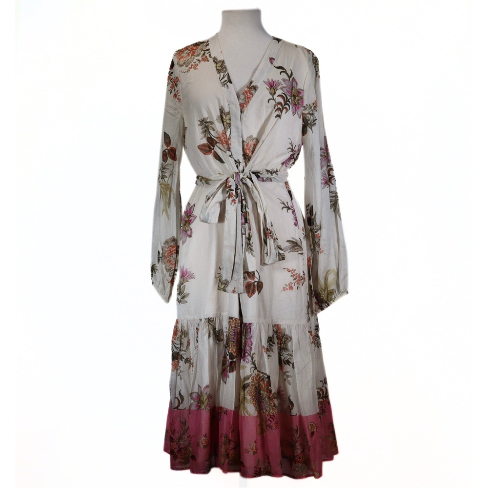 Kobi‎ Halperin Floral Midi Dress Womens L White Pink Cotton Wrap Tiered Garden